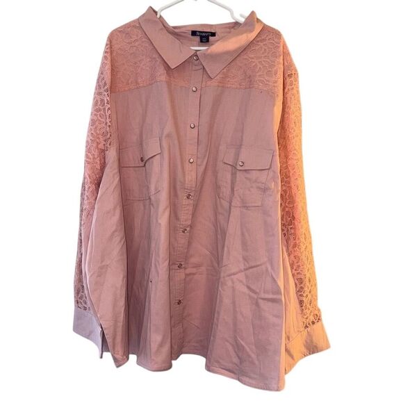Roaman's Tops - Roaman's Women's Plus Pink Lace-Sleeve Denim Bohemian Button-Up Shirt Size 40